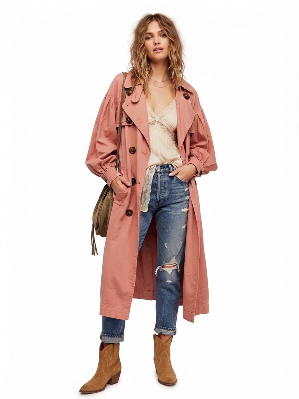 Free People $248 P2P18-23” Balloon Sleeve Trench Coat Dusty Rose XS no belt, C/O